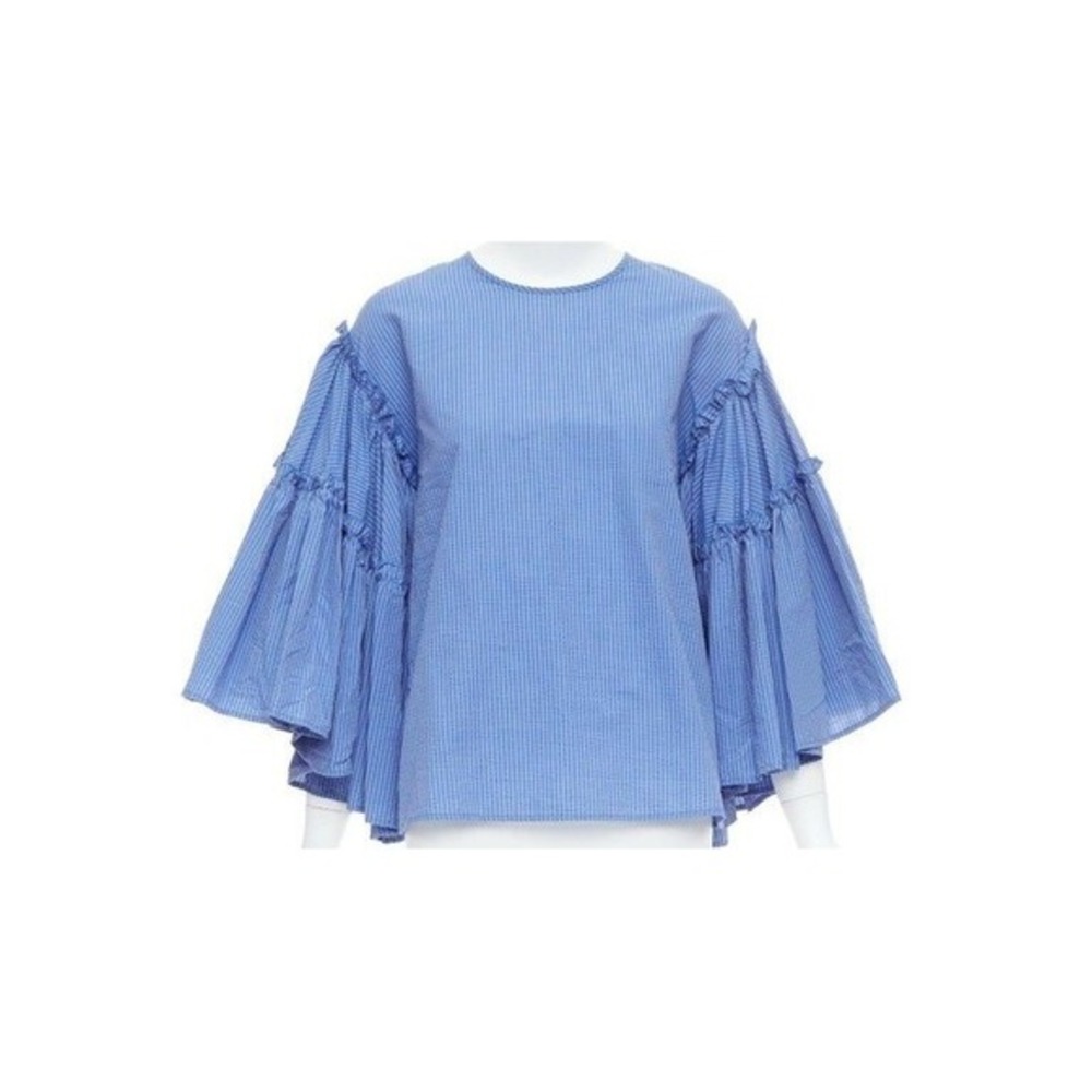 dRA Los Angeles Women's M‎ Blue White Pinstripe Ruffle Bell Sleeve Blouse Top
